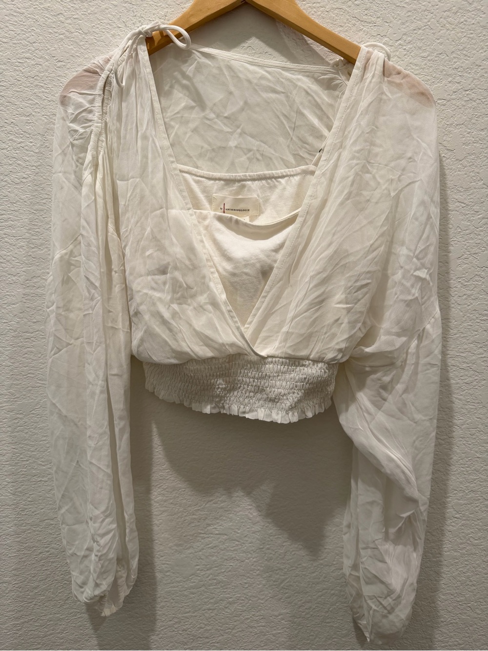 Anthropologie White Sheer Layered Smocked Crop Top Long Sleeve Tie Shoulder M